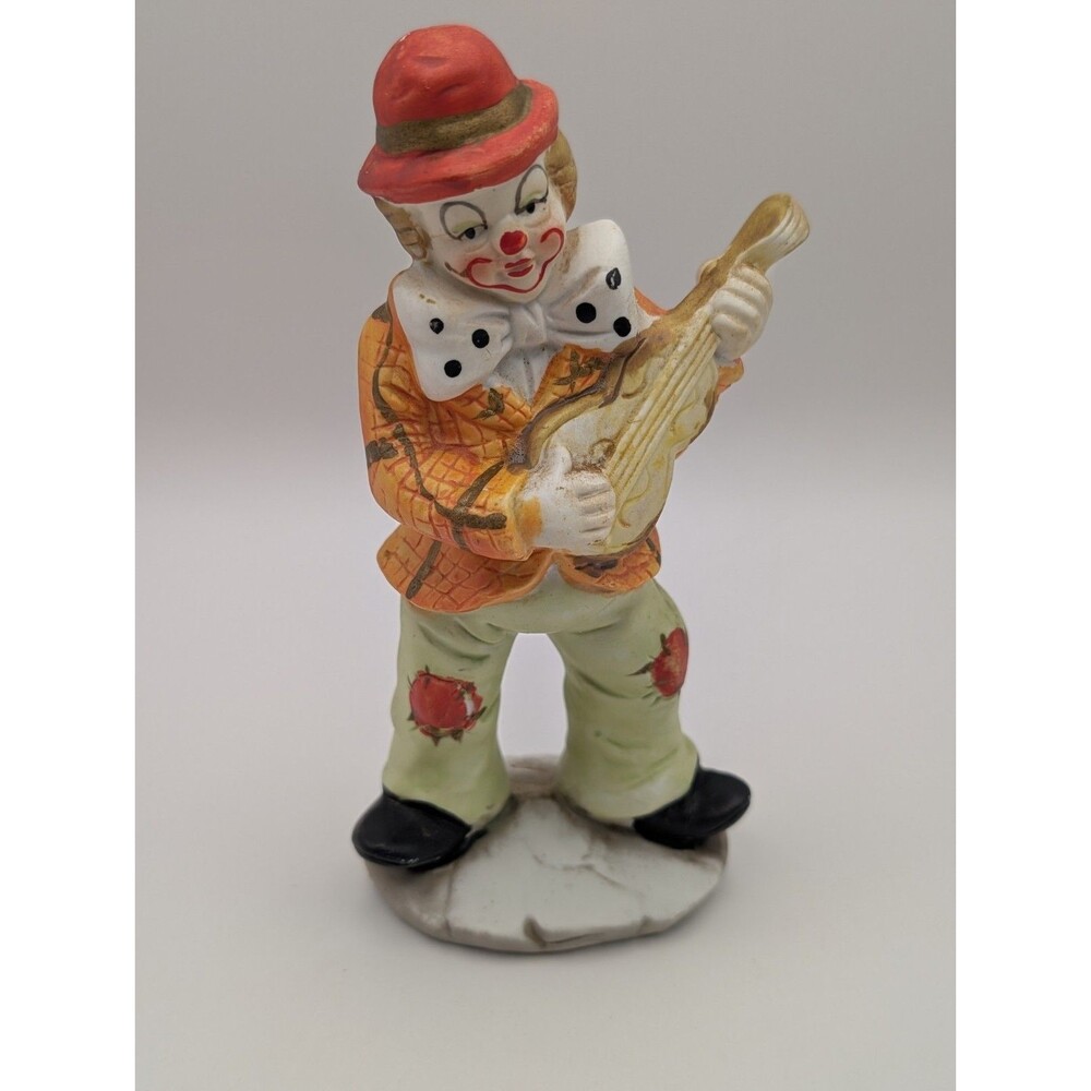 Vintage Porcelain Hobo Clown Figurine Playing Mandolin Violin Circus Decor 6"